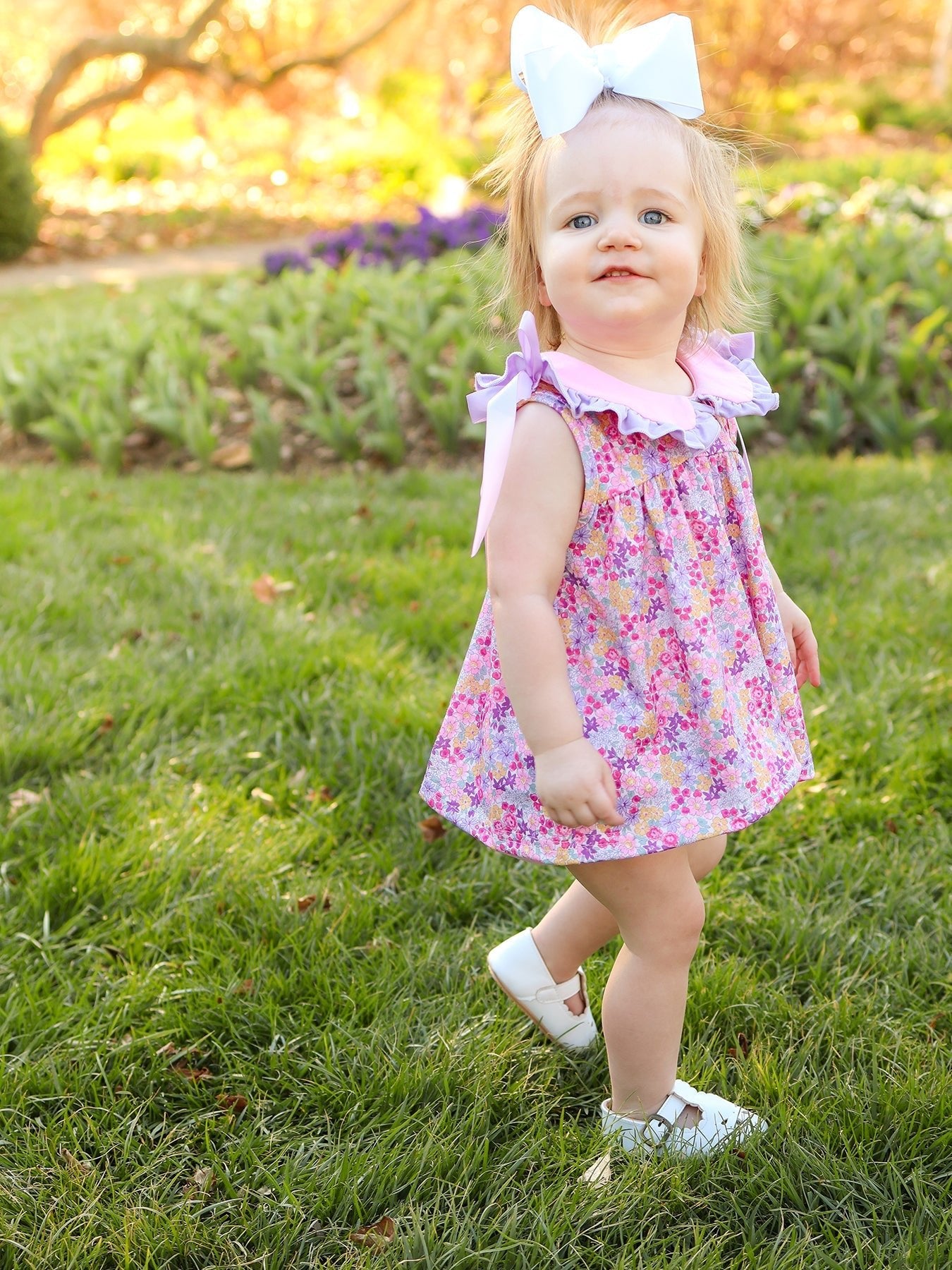 Rylee Faith Designs Spring Purple Floral Bow Ruffle Girl Bloomer SetEveretts Place