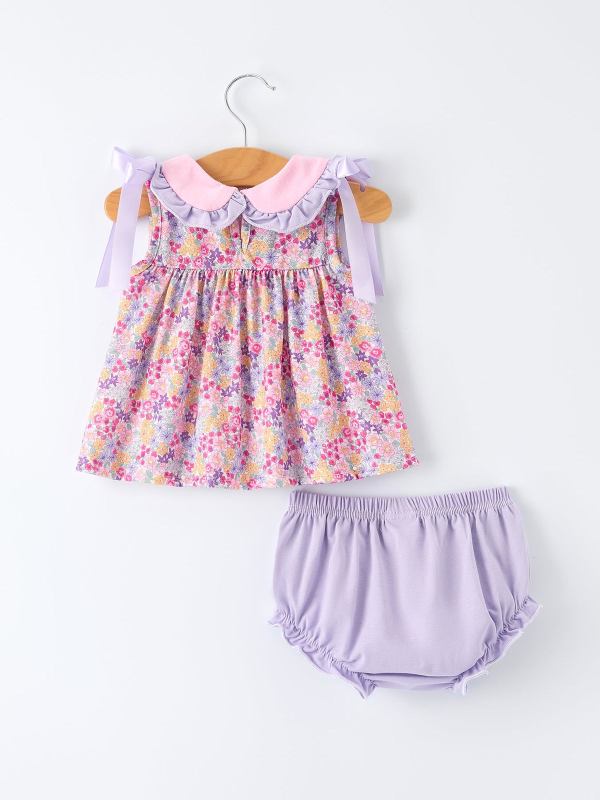 Rylee Faith Designs Spring Purple Floral Bow Ruffle Girl Bloomer SetEveretts Place
