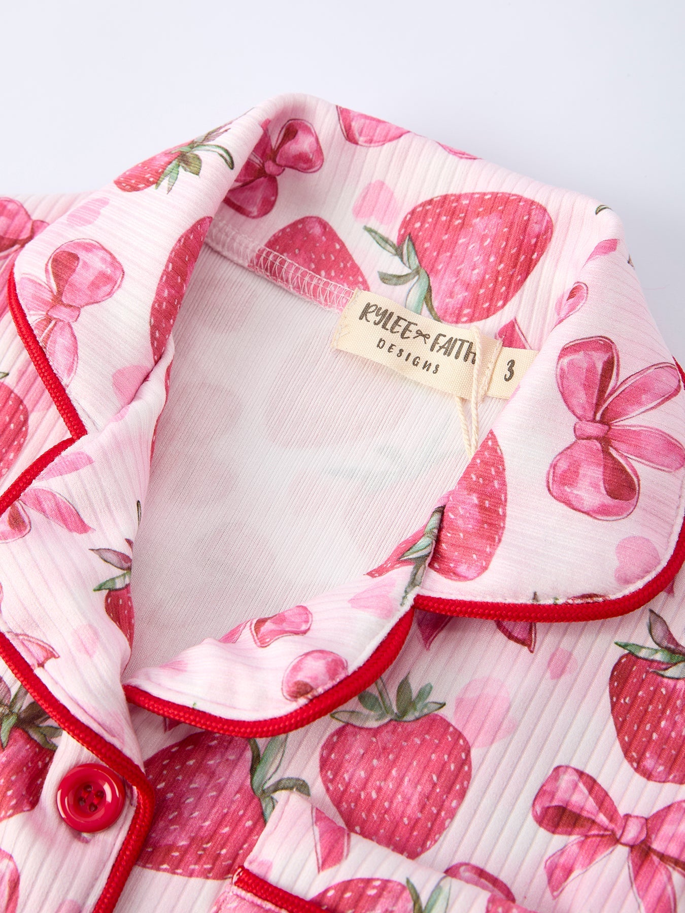 Rylee Faith Designs Spring Strawberry Bow Short Sleeve Shorts Pajama Set - 