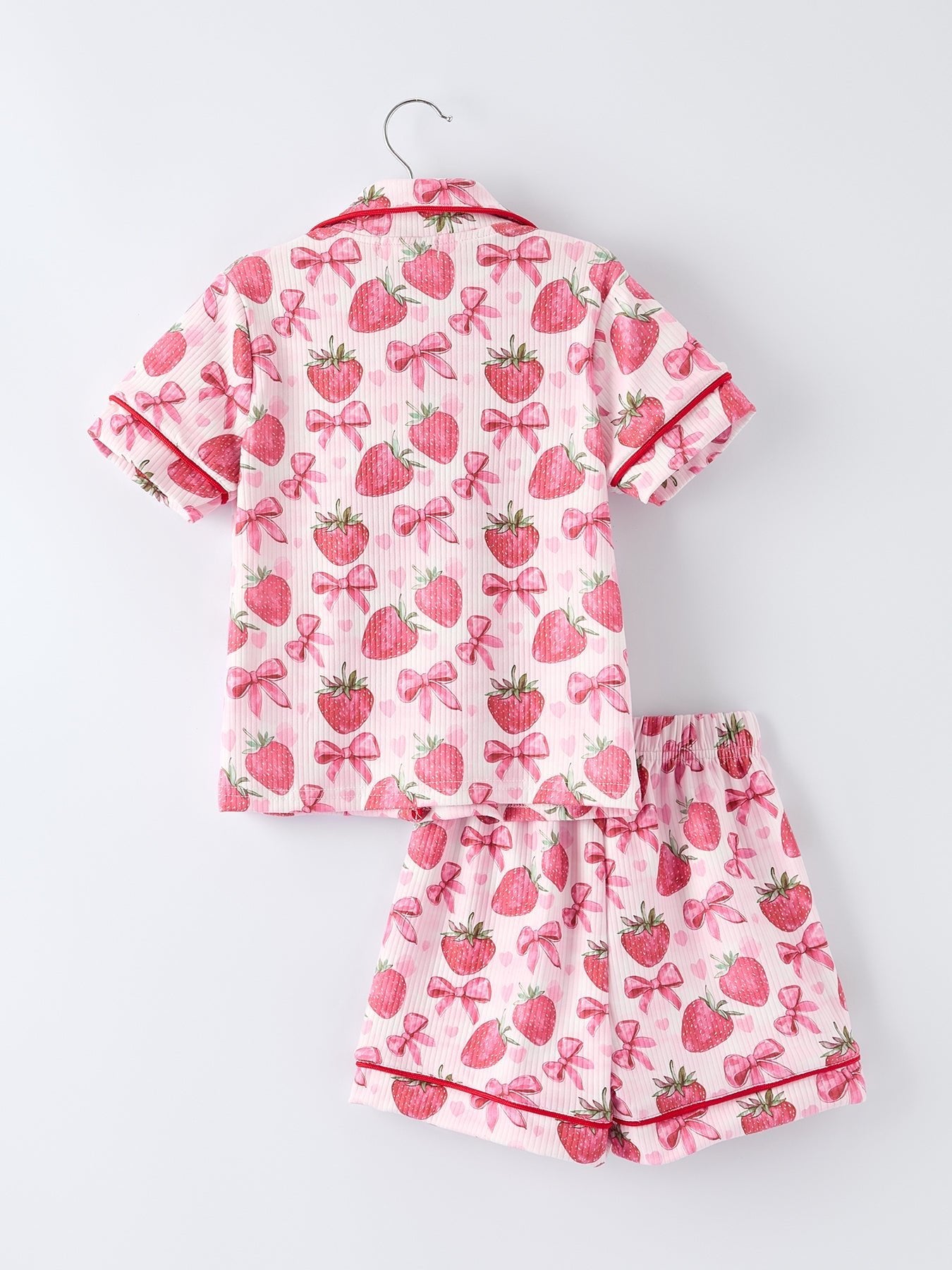 Rylee Faith Designs Spring Strawberry Bow Short Sleeve Shorts Pajama Set - 
