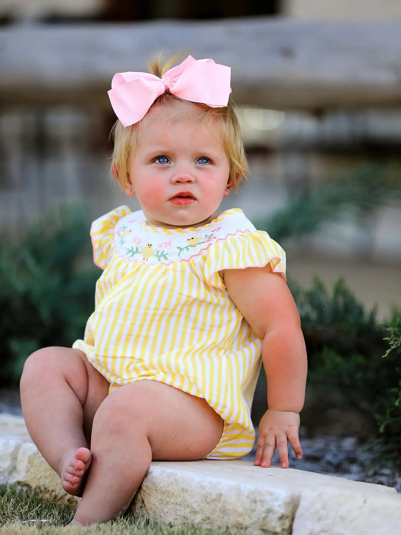Rylee Faith Designs Spring/Summer Chick Floral Embroidery Smocking Girls Romper - 