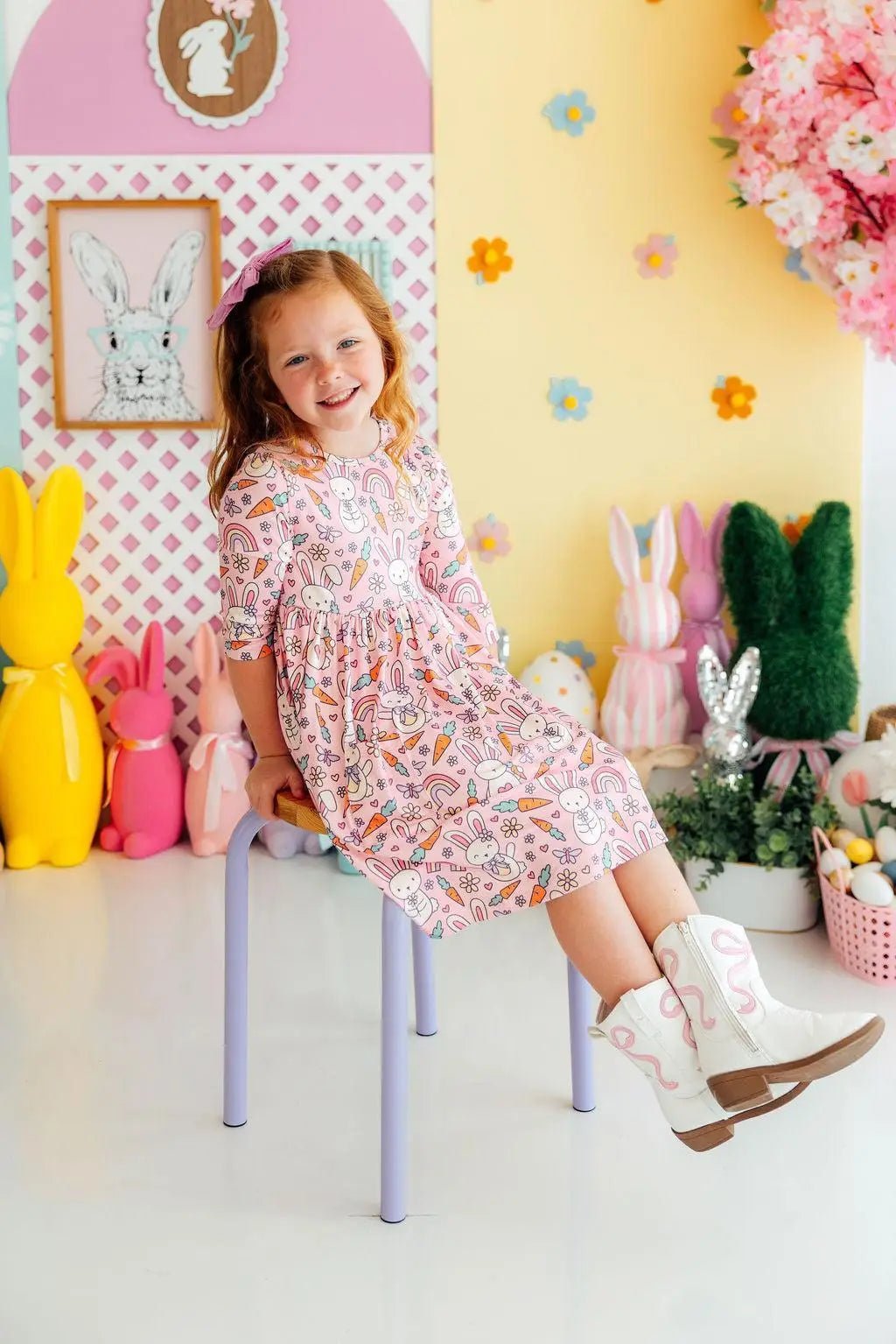 Mila & Rose ® Springtime Bunnies 3/4 Sleeve Pocket Twirl Dress - 