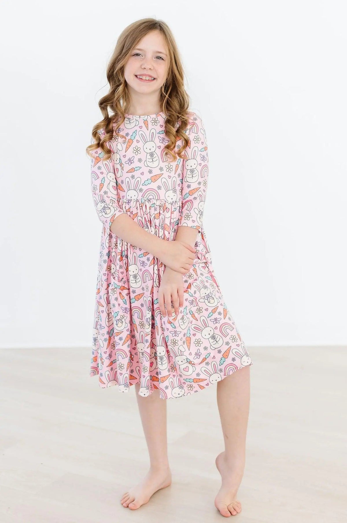 Mila & Rose ® Springtime Bunnies 3/4 Sleeve Pocket Twirl Dress - 