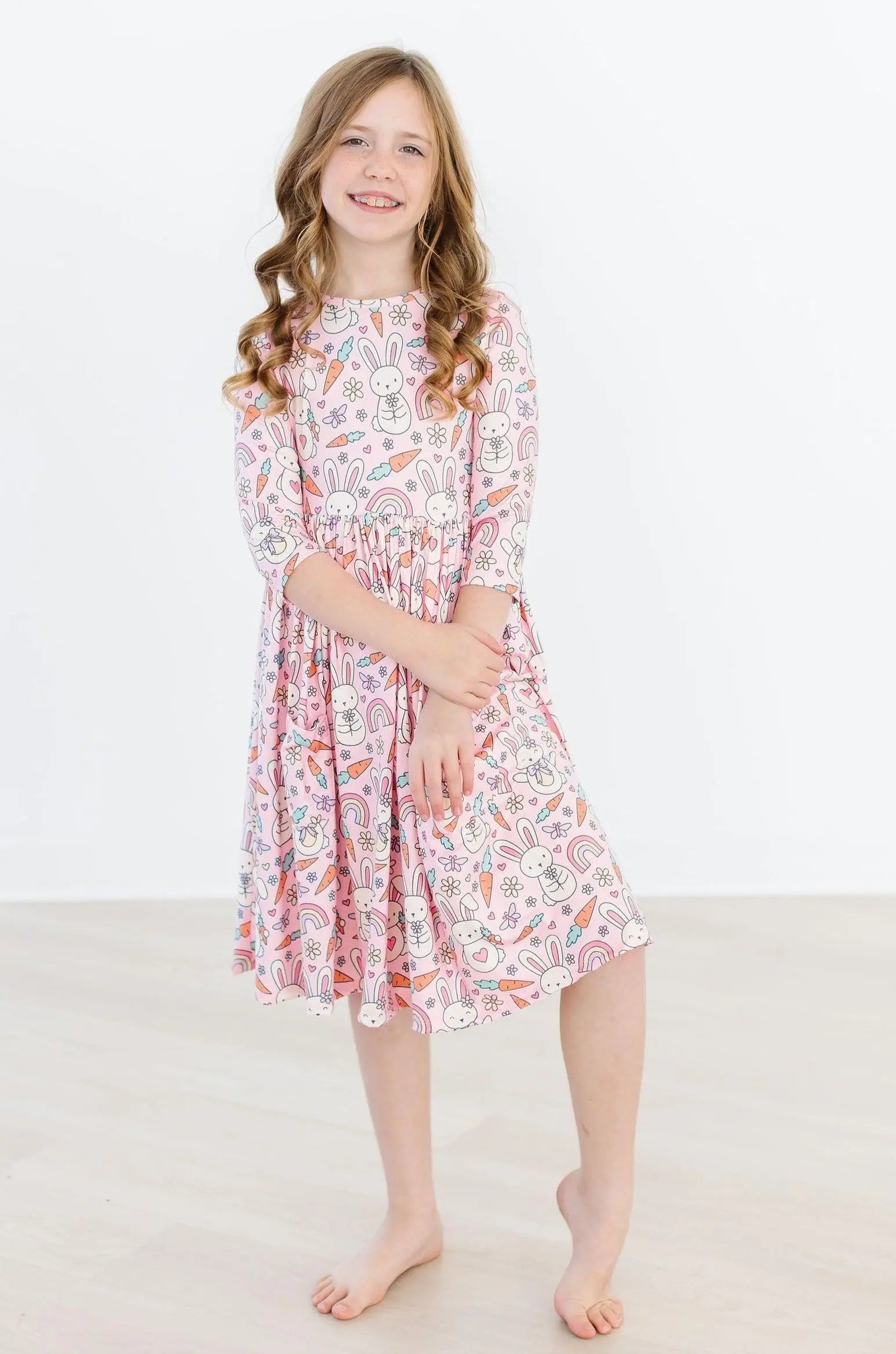 Mila & Rose ® Springtime Bunnies 3/4 Sleeve Pocket Twirl Dress - 