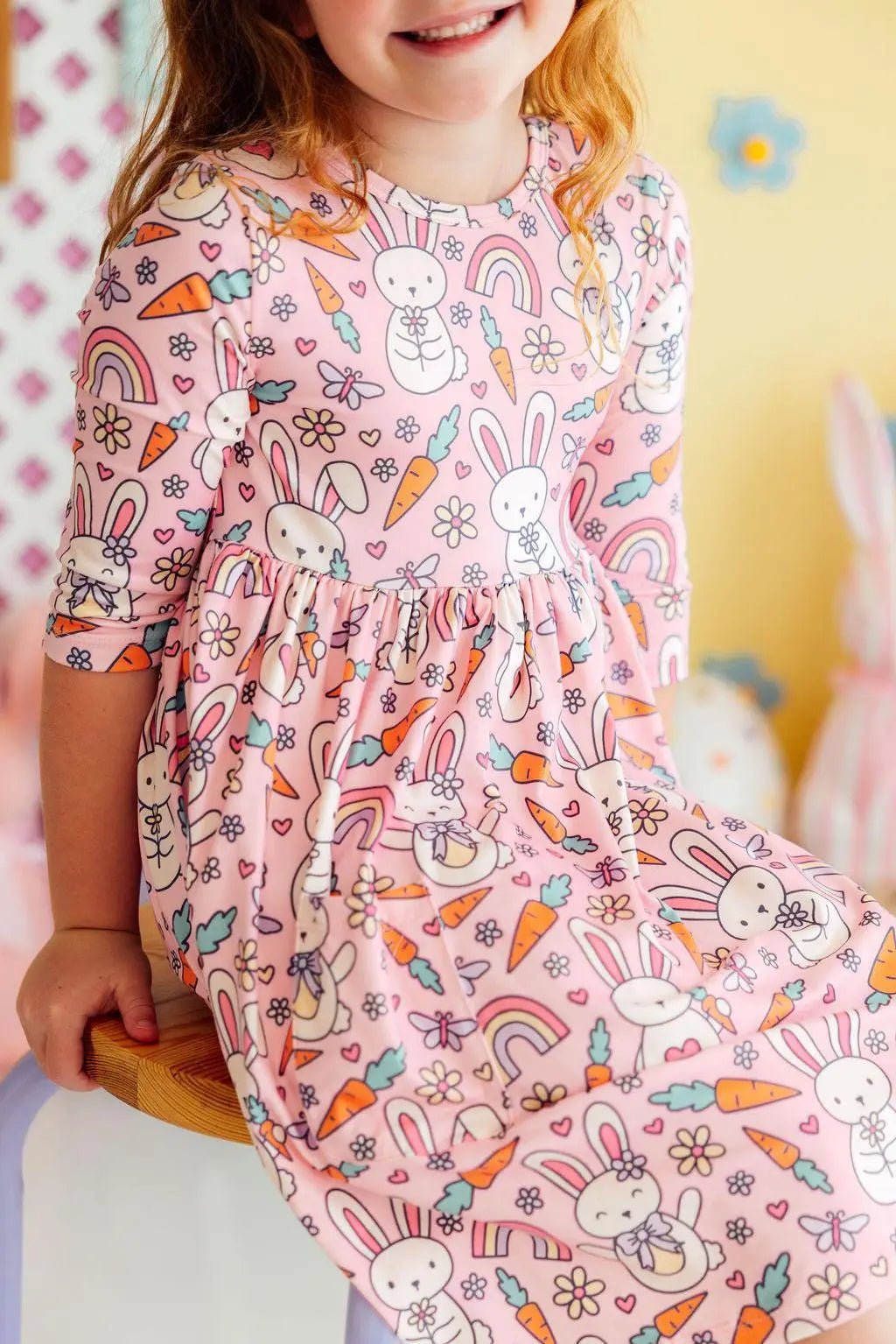 Mila & Rose ® Springtime Bunnies 3/4 Sleeve Pocket Twirl Dress - 