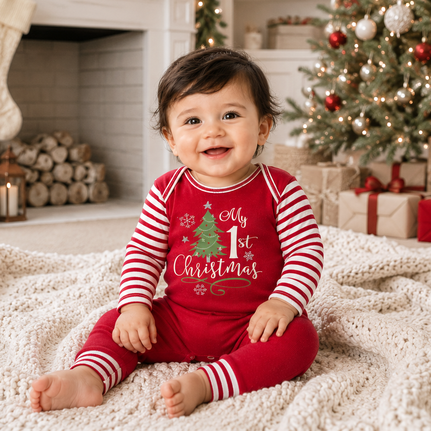 Baby romper with a My 1st Christmas front graphic and red-and-white striped sleeves.