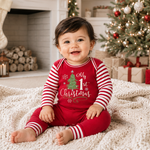 Baby romper with a My 1st Christmas front graphic and red-and-white striped sleeves.