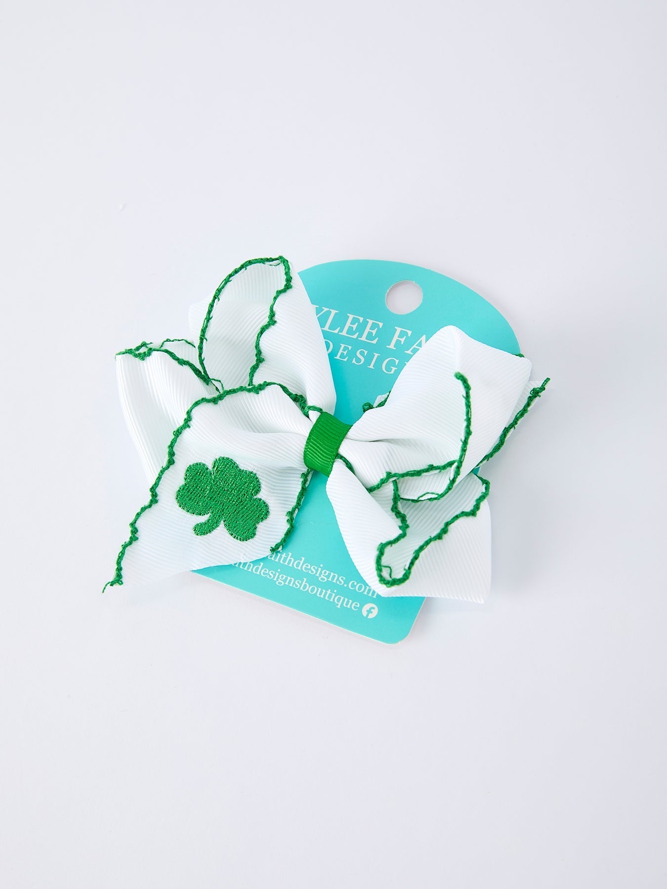 Rylee Faith Designs St. Patrick Shamrock Embroidered Hair Bow – Girls Hair Clip - 