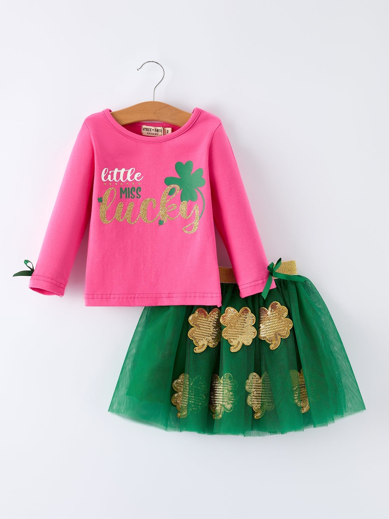 Rylee Faith Designs St. Patrick Shamrock Letter Top + Girls' Tulle Sequin Skirt Set - 