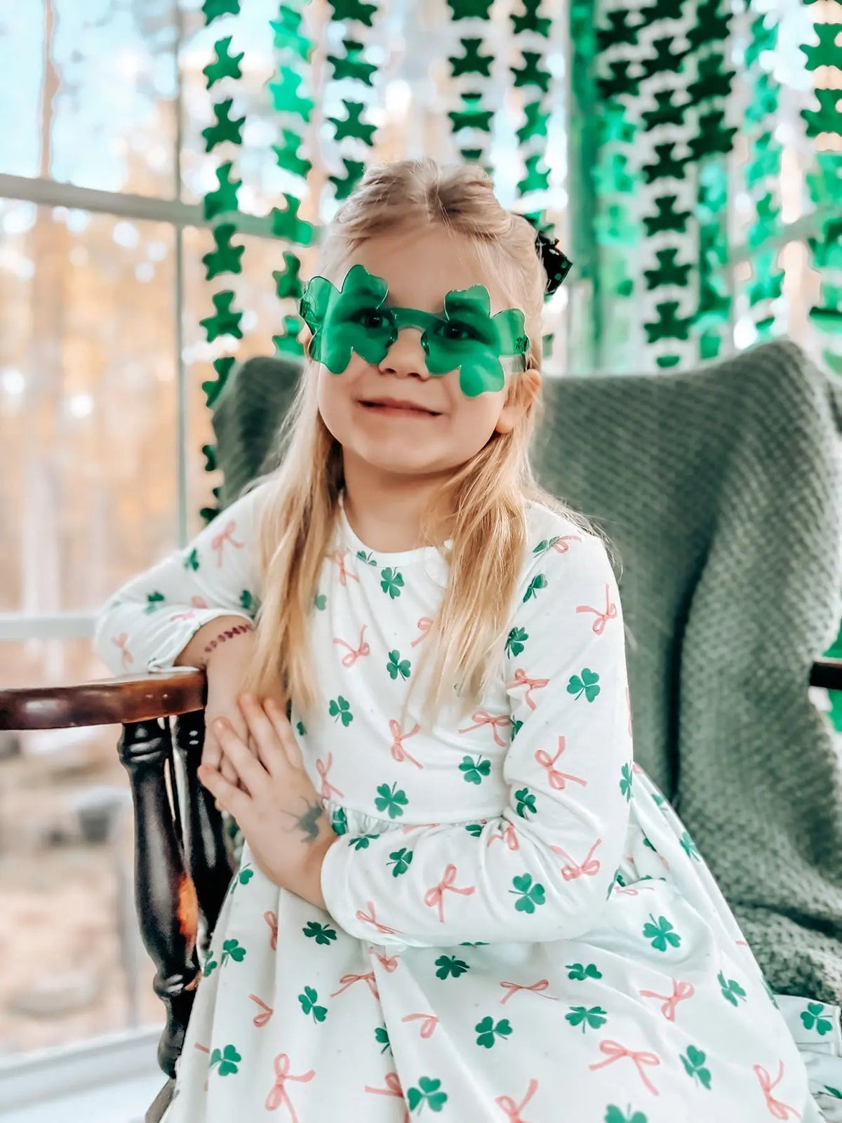 Rylee Faith Designs St. Patrick's Day Bow Shamrock Print Ruffles Girls Dress - 