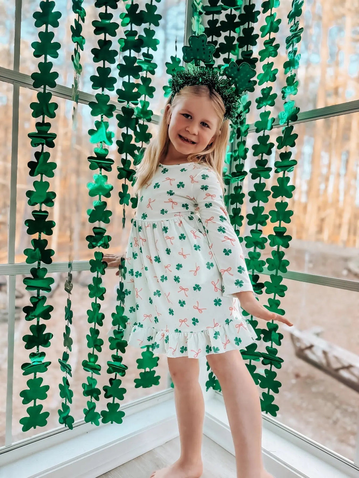 Rylee Faith Designs St. Patrick's Day Bow Shamrock Print Ruffles Girls Dress - 