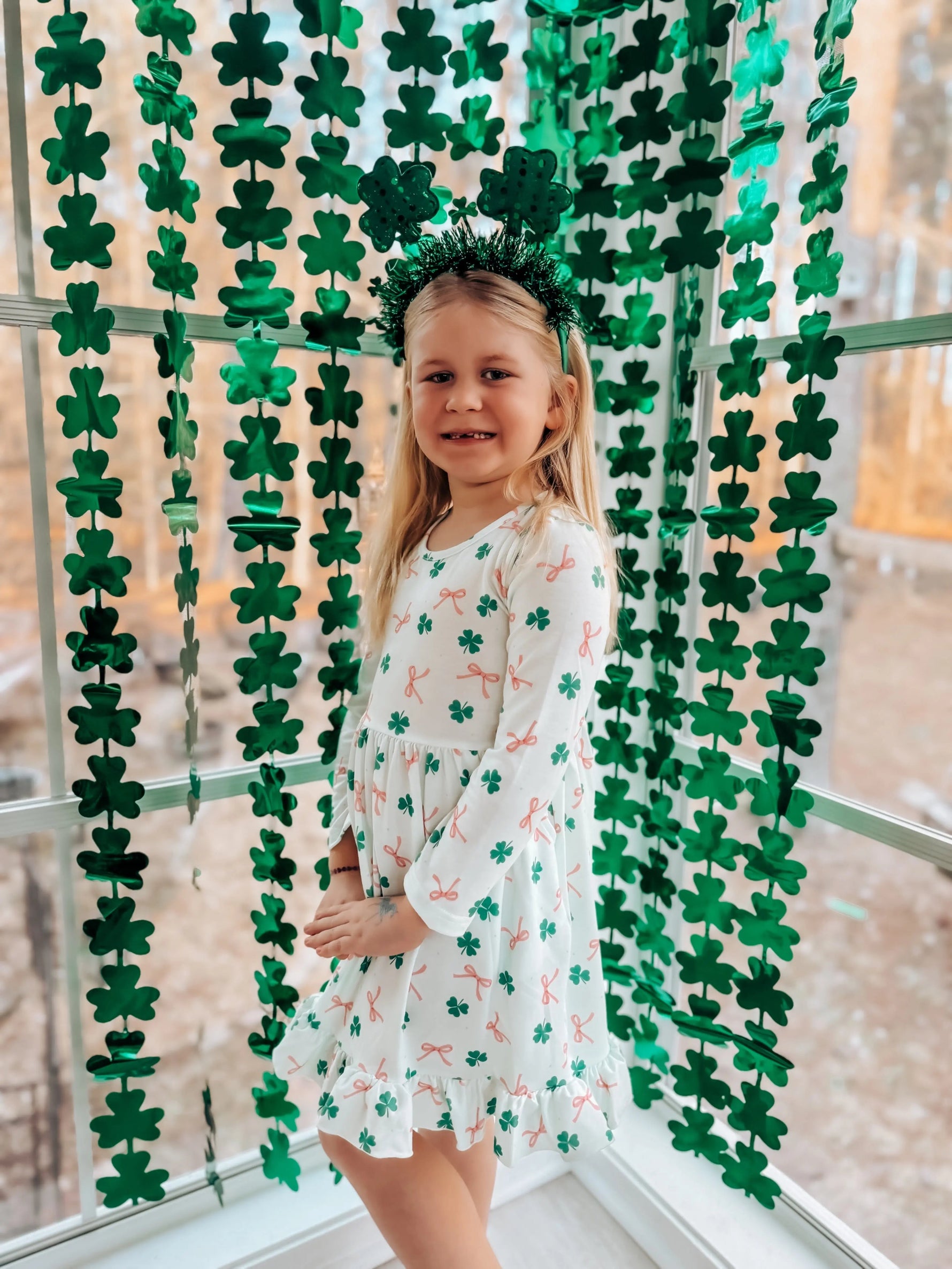 Rylee Faith Designs St. Patrick's Day Bow Shamrock Print Ruffles Girls Dress - 