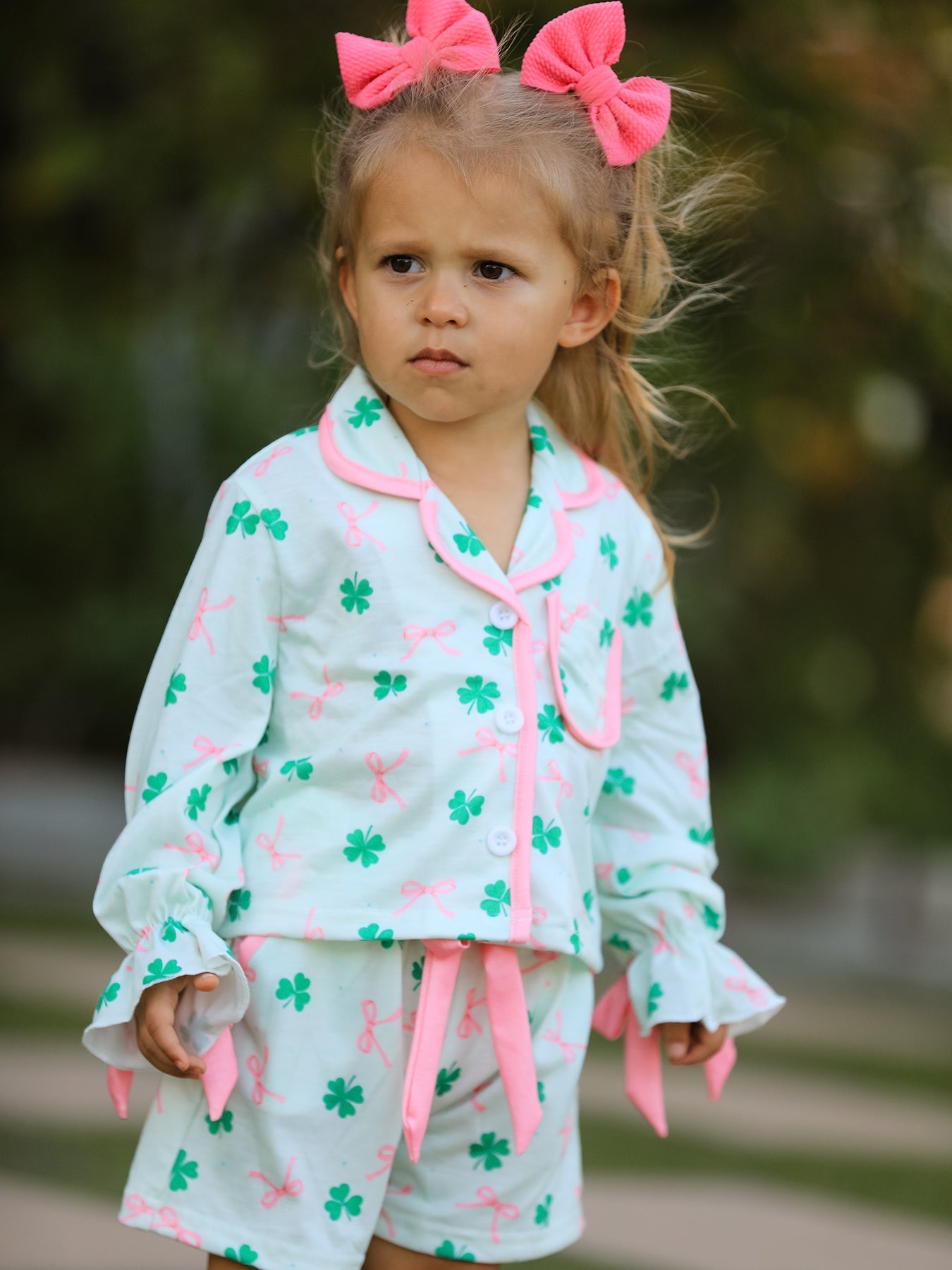Rylee Faith Designs St. Patrick's Day Bow Shamrock Print Ruffles Girls Pajama Set - 