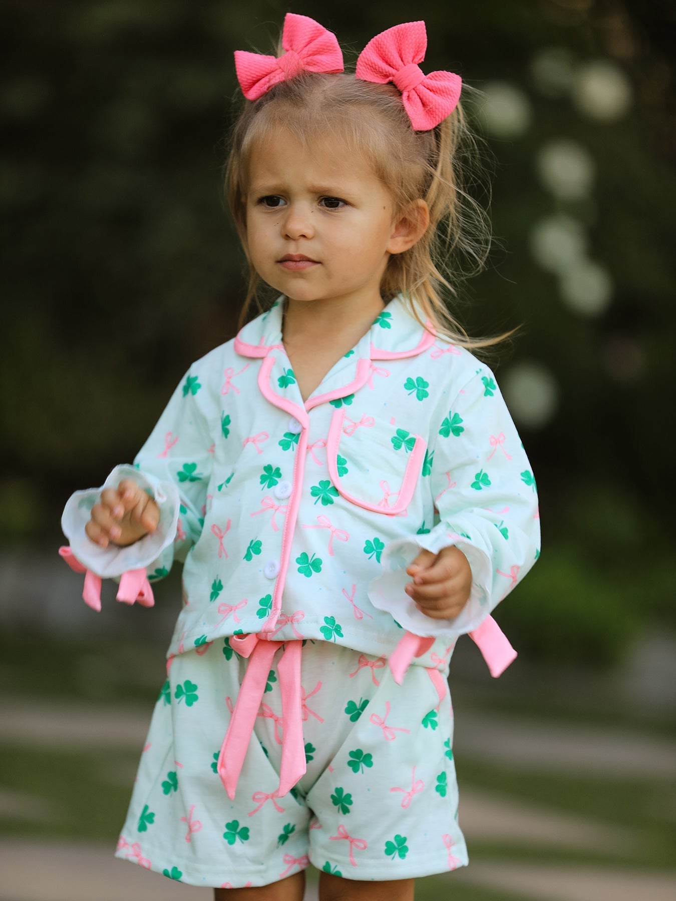 Rylee Faith Designs St. Patrick's Day Bow Shamrock Print Ruffles Girls Pajama Set - 