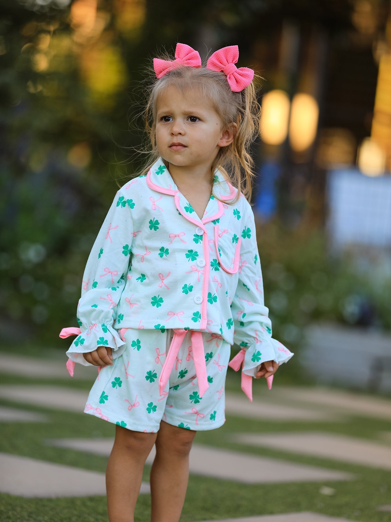 Rylee Faith Designs St. Patrick's Day Bow Shamrock Print Ruffles Girls Pajama Set - 