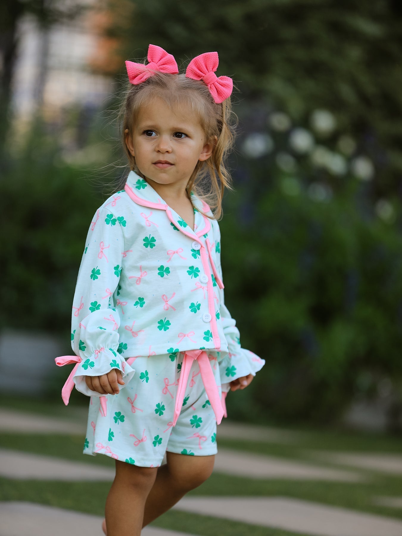 Rylee Faith Designs St. Patrick's Day Bow Shamrock Print Ruffles Girls Pajama Set - 
