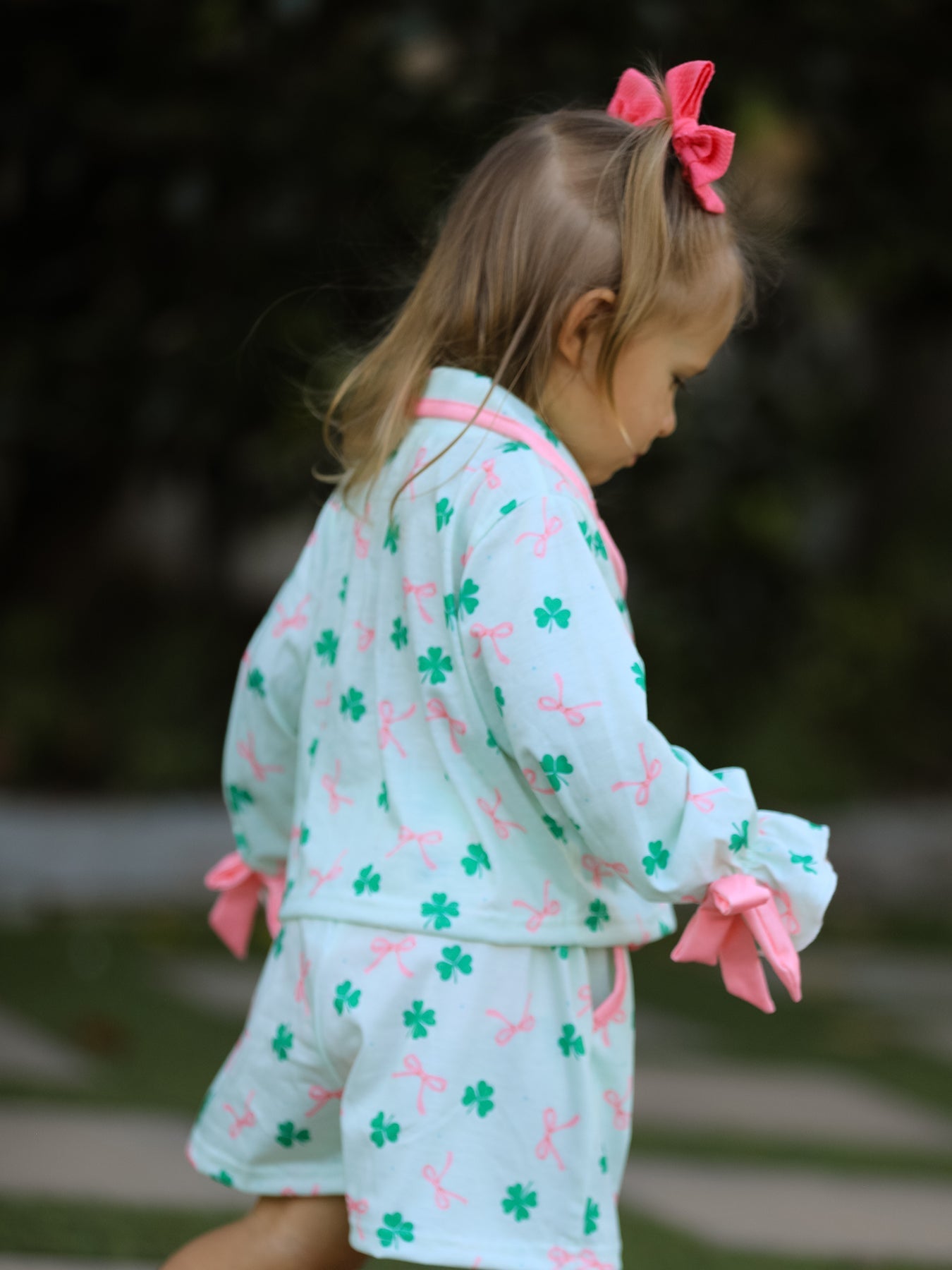 Rylee Faith Designs St. Patrick's Day Bow Shamrock Print Ruffles Girls Pajama Set - 