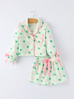 Rylee Faith Designs St. Patrick's Day Bow Shamrock Print Ruffles Girls Pajama Set - 
