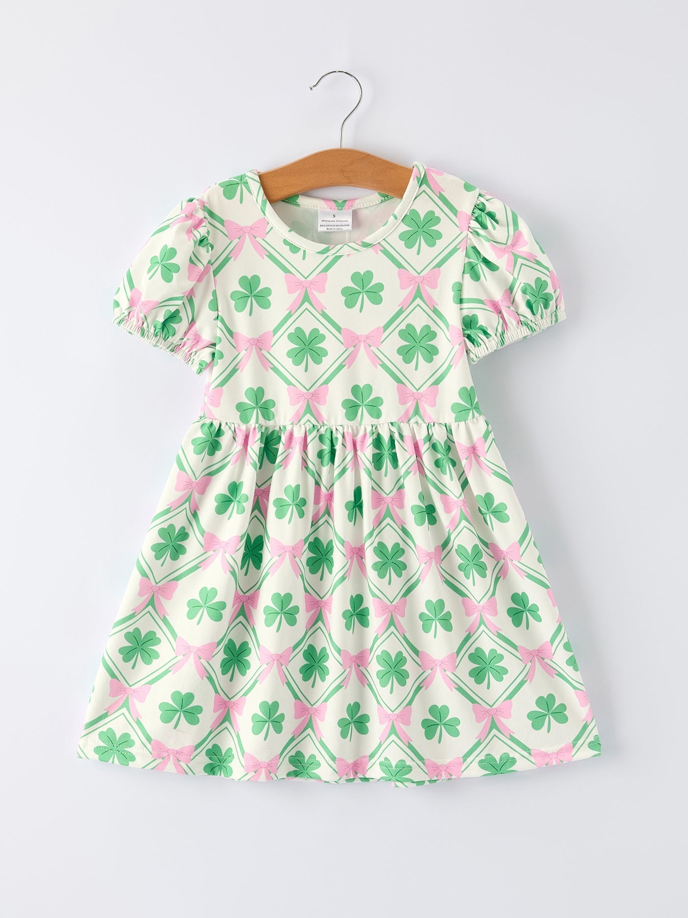 Rylee Faith Designs St. Patrick's Day Bow Shamrock Print Short Sleeves Girls Dress - 