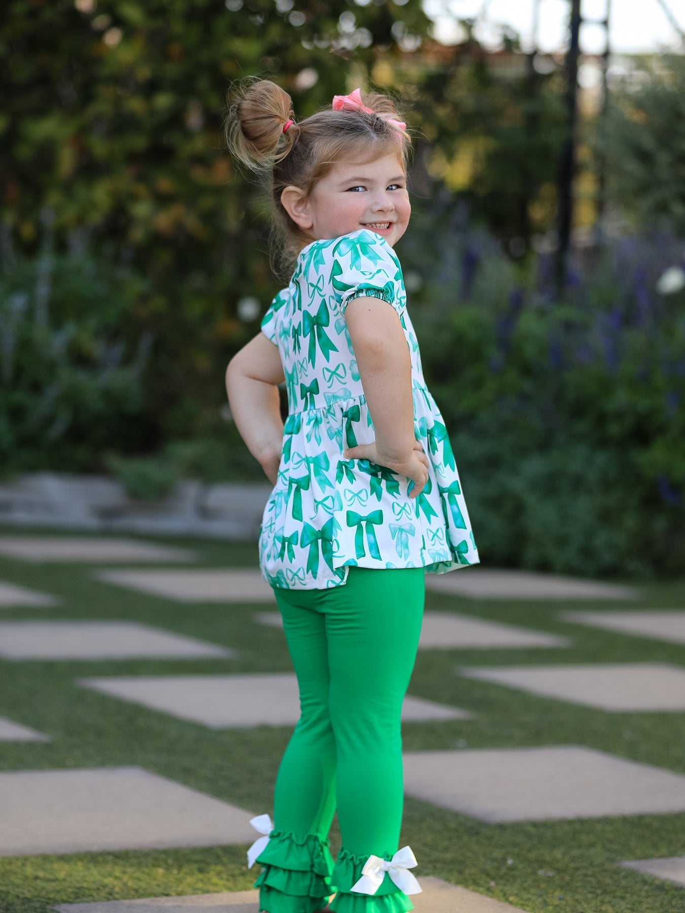 Rylee Faith Designs St. Patrick's Day Bow Top and Ruffled Leggings Girls Set - 