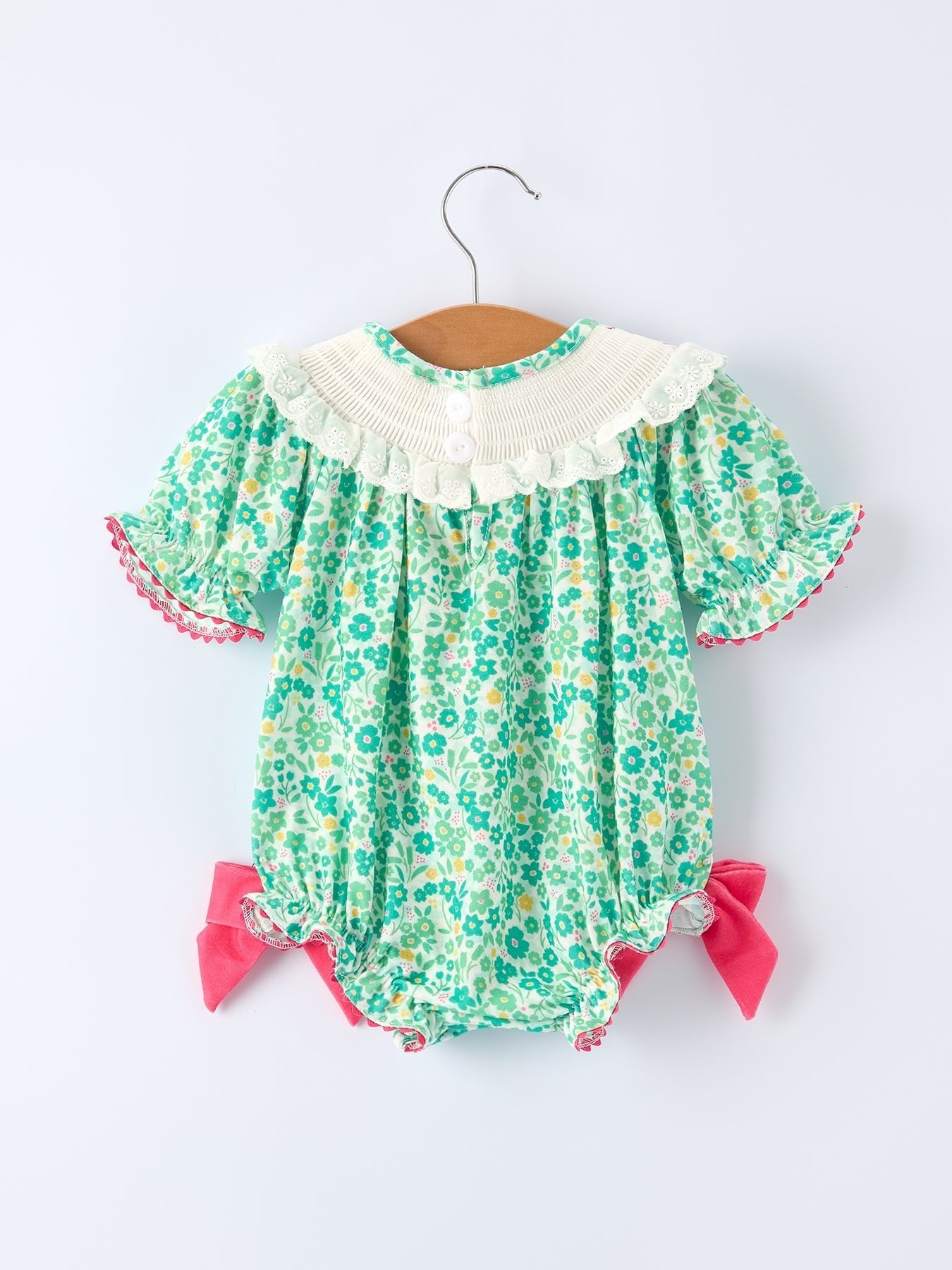 Rylee Faith Designs St. Patrick’s Day Shamrock Bow Smocked Baby Girl Romper - 