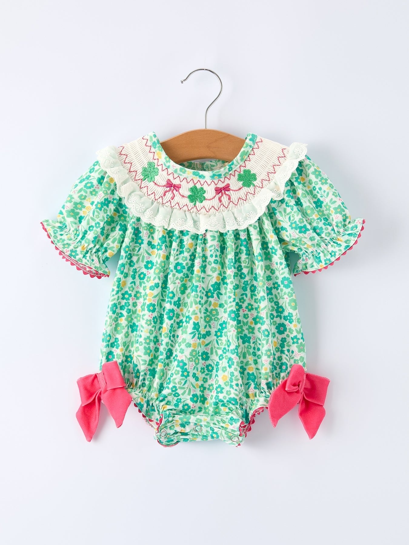 Rylee Faith Designs St. Patrick’s Day Shamrock Bow Smocked Baby Girl Romper - 