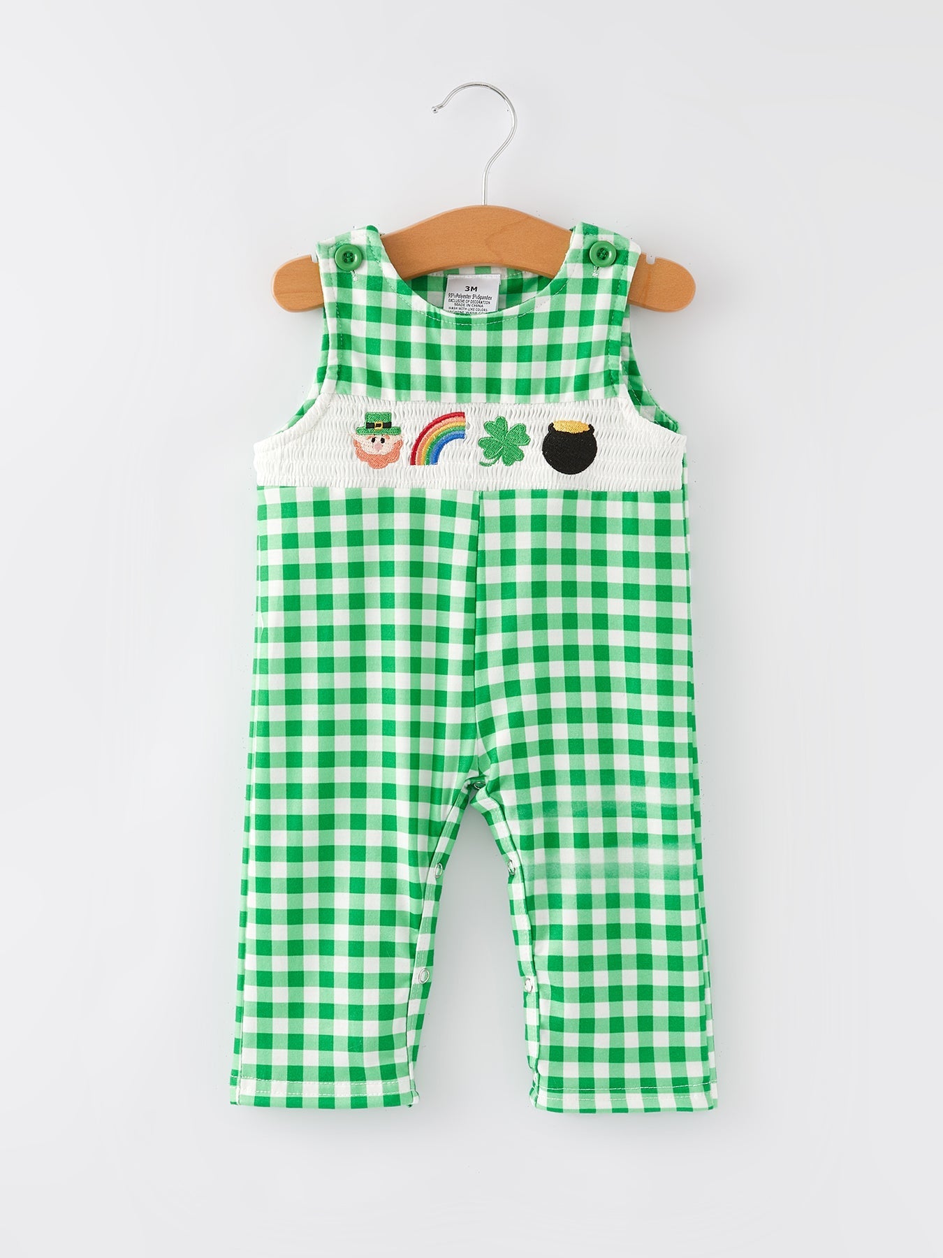 Rylee Faith Designs St. Patrick's Day shamrock Smocking Embroidered Green Plaid Boys' Romper - 