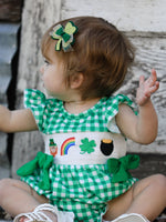 Rylee Faith Designs St. Patrick's Day Shamrock Smocking Embroidered Plaid Baby Girls Romper - 