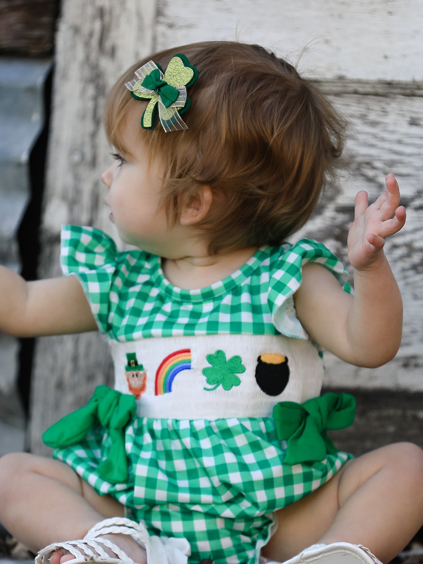 Rylee Faith Designs St. Patrick's Day Shamrock Smocking Embroidered Plaid Baby Girls Romper - 