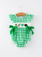Rylee Faith Designs St. Patrick's Day Shamrock Smocking Embroidered Plaid Baby Girls Romper - 