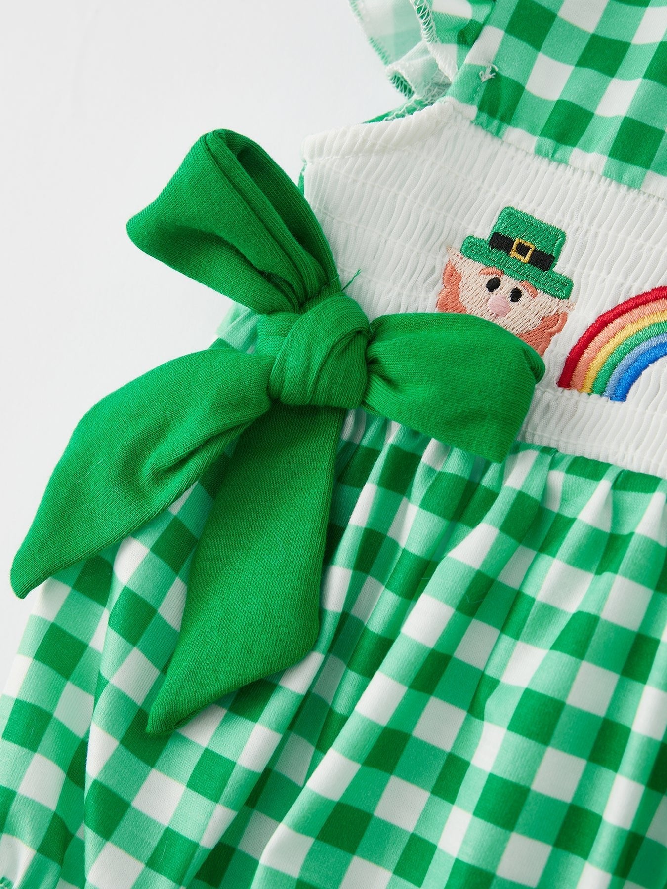 Rylee Faith Designs St. Patrick's Day Shamrock Smocking Embroidered Plaid Baby Girls Romper - 