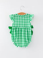 Rylee Faith Designs St. Patrick's Day Shamrock Smocking Embroidered Plaid Baby Girls Romper - 