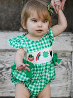 Rylee Faith Designs St. Patrick's Day Shamrock Smocking Embroidered Plaid Baby Girls Romper - 