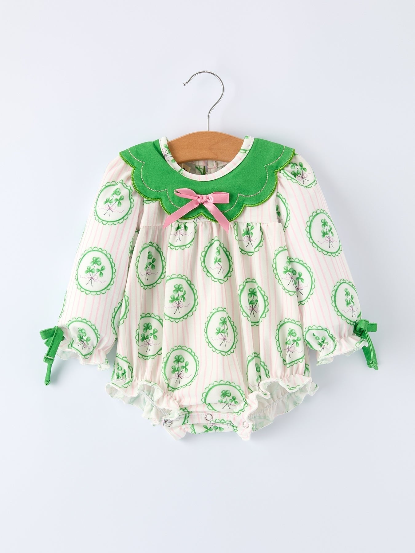 Rylee Faith Designs St. Patrick's Day Shamrock Striped Long Sleeve Baby Girl Romper - 