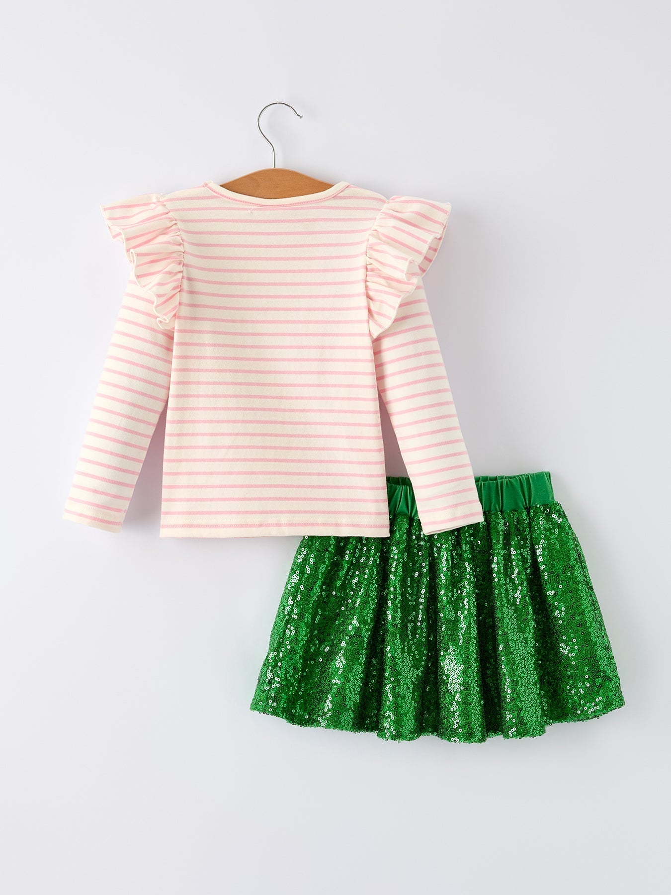 Rylee Faith Designs St. Patrick’s Day Stripe Top with Glitter Shamrock and Sequin Skirt Set - 