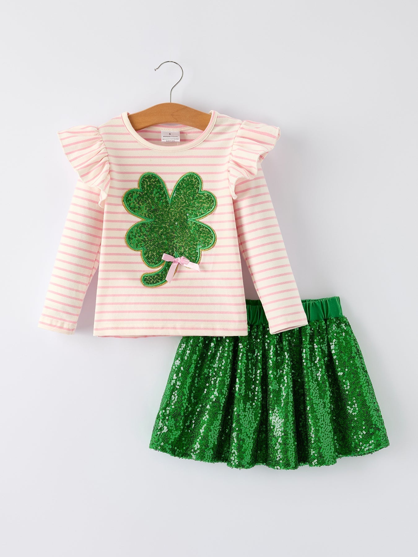 Rylee Faith Designs St. Patrick’s Day Stripe Top with Glitter Shamrock and Sequin Skirt Set - 