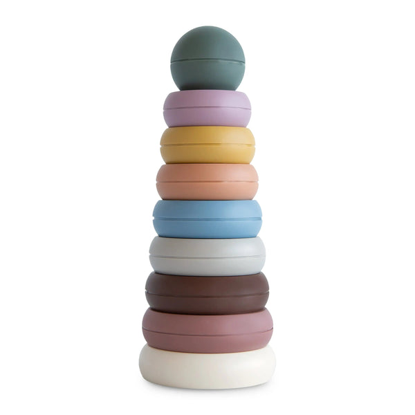 Stacking rings toy with a set of graduated rings in muted colors on a central post base.