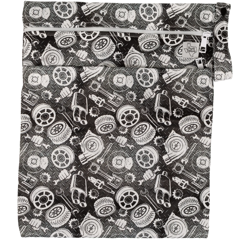 Texas Tushies Wet/Dry bag, double zipper, strap, 12x16 inches, motor-themed pattern.