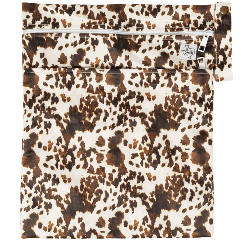 Texas Tushies Wet/Dry Bag with double zipper and strap, durable and water-resistant, holds 6-8 cloth diapers.