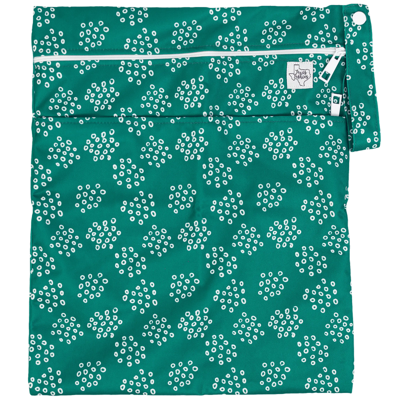 Texas Tushies Wet/Dry Bag with double zipper, green patterned, 12x16 inches, water-resistant.