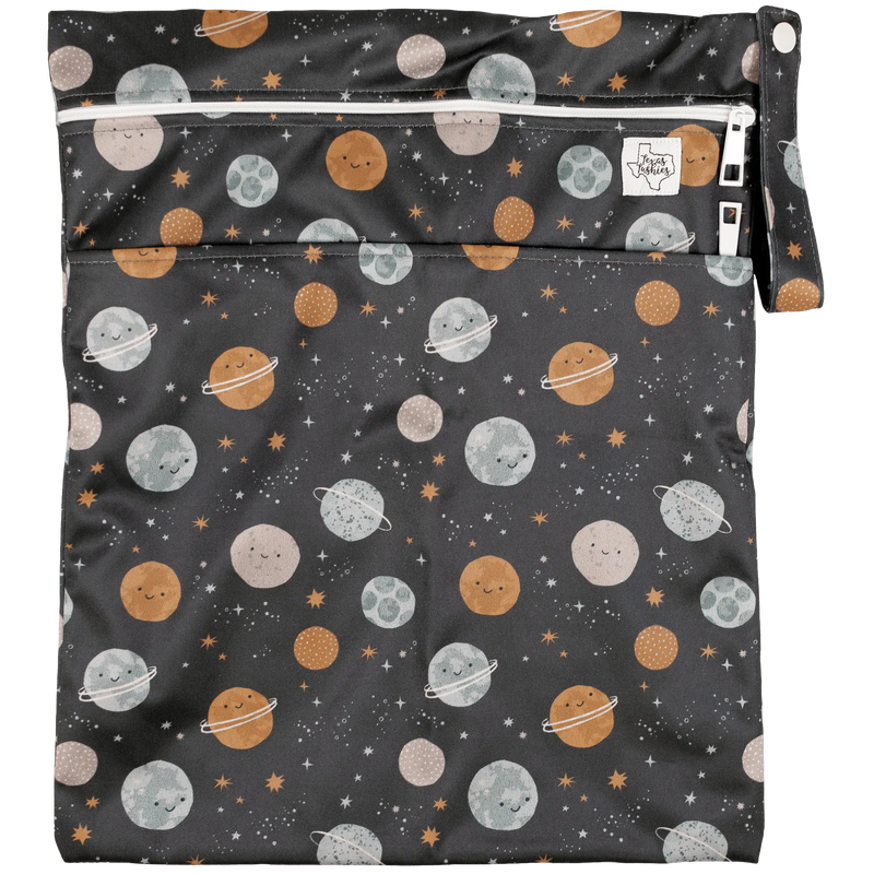 Texas Tushies Wet/Dry bag with space-themed design, double zipper, 12x16 inches.
