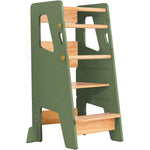 Ocodile natural wood standing tower for toddlers with safety bars, perfect for kitchen use.