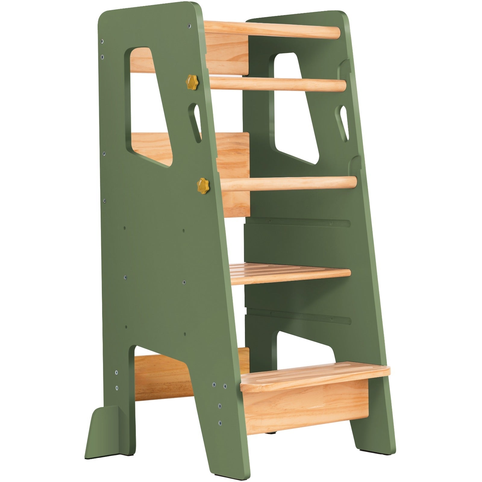 Ocodile natural wood standing tower for toddlers with safety bars, perfect for kitchen use.