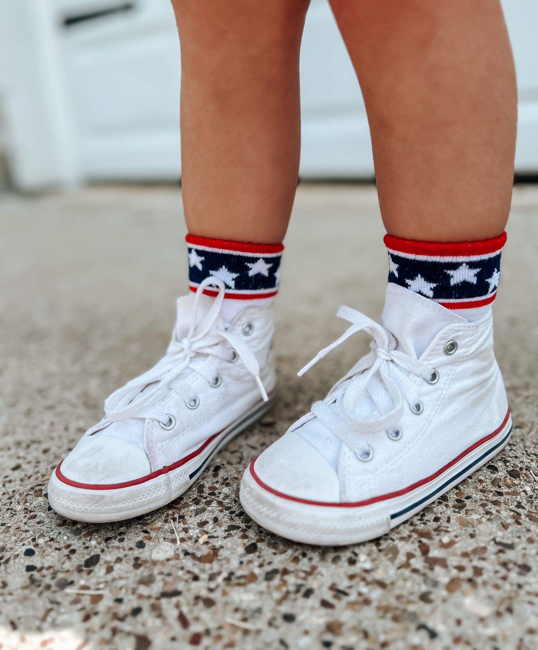 Little Joy Co. Stars & Stripes 4th of July crew socks, red, white, and blue, for babies, kids, and adults.