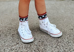 Little Joy Co. Stars & Stripes 4th of July crew socks, red, white, and blue, for babies, kids, and adults.