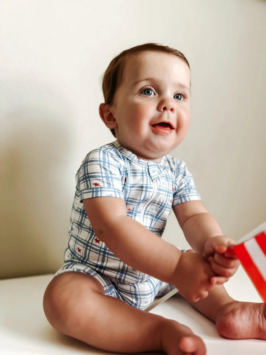 Little Joy Co. Stars Gingham Bamboo Romper For Baby Daily Wear - Everetts Place Boutique - 