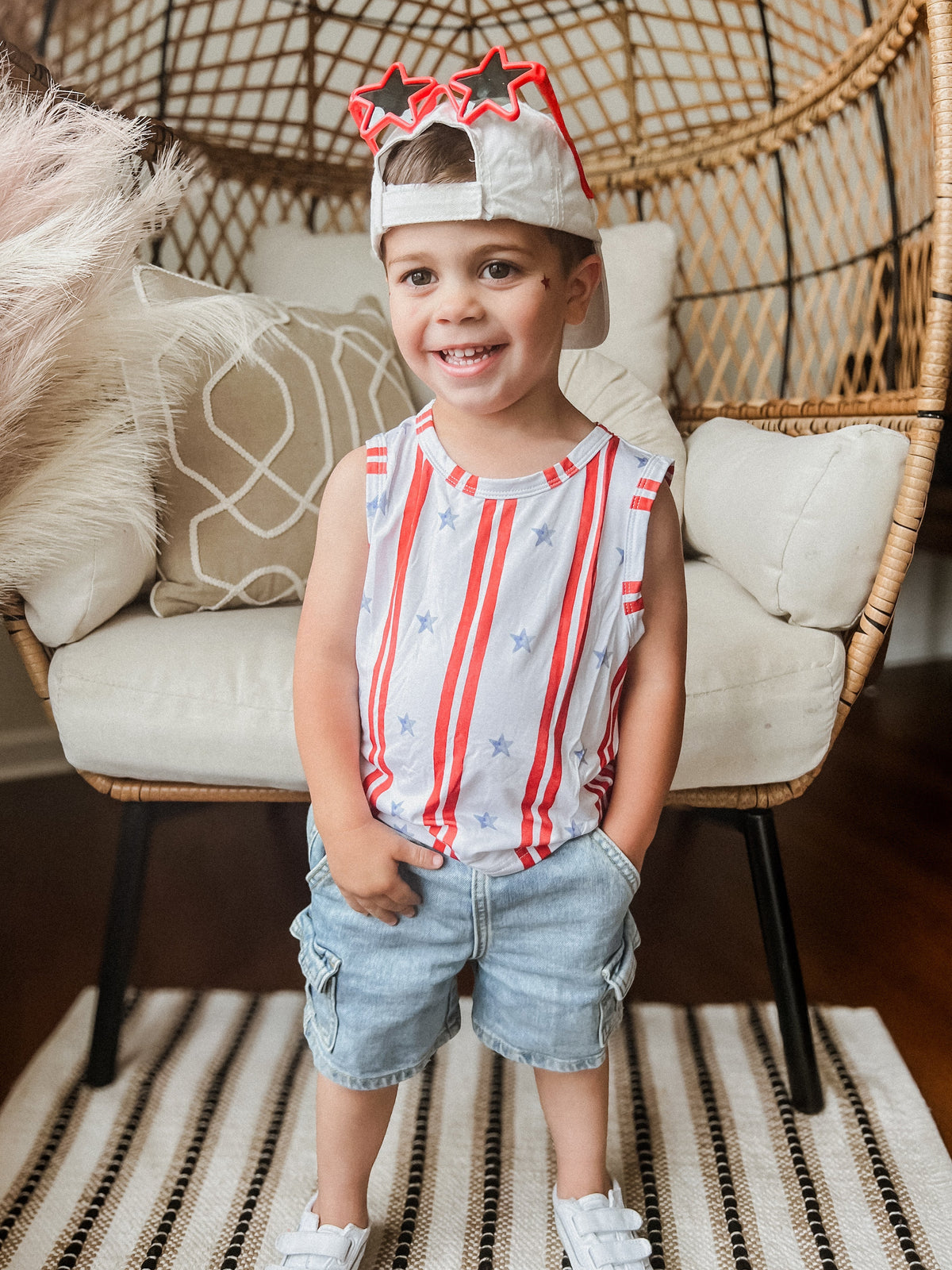 Little Joy Co. Stars & Stripes bamboo baby tank top with red, white, and blue design