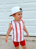 Little Joy Co. Stars & Stripes bamboo baby tank top with red, white, and blue design