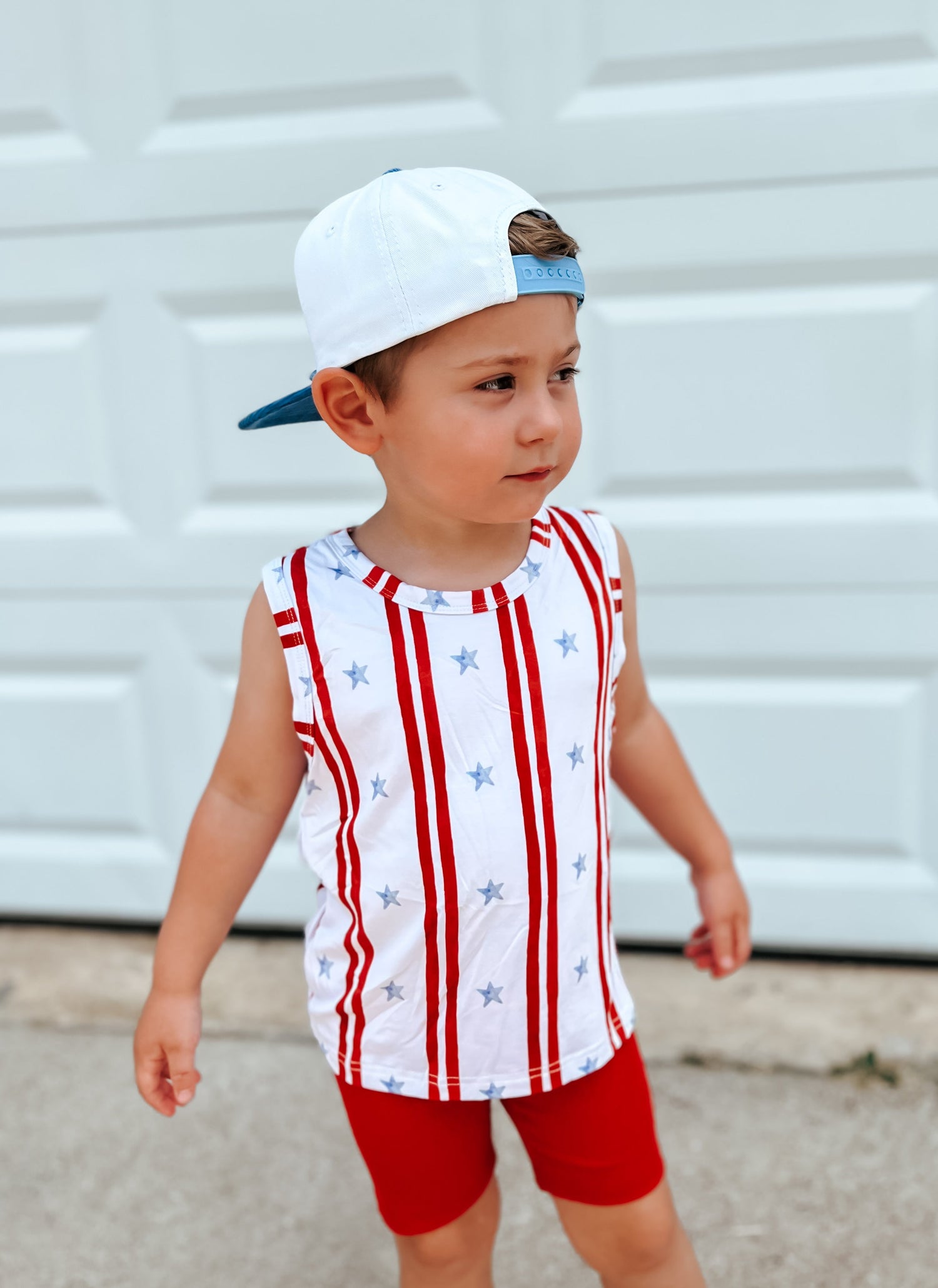 Little Joy Co. Stars & Stripes bamboo baby tank top with red, white, and blue design