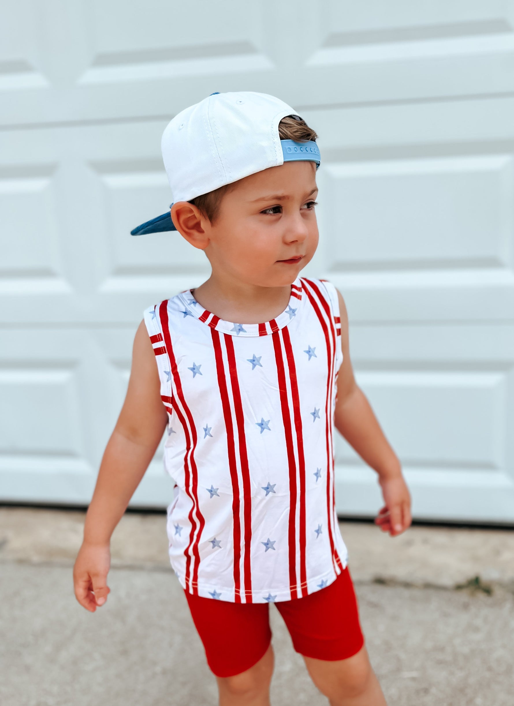 Little Joy Co. Stars & Stripes bamboo baby tank top with red, white, and blue design